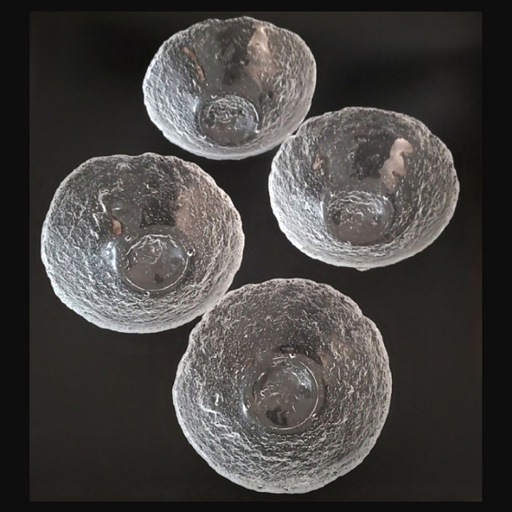 (4) 5 3/4" Moon Rock Textured Clear Glass Durable Bowls Amazing to the touch!